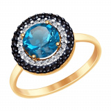 Кольцо из золота с синим топазом и бесцветными и чёрными фианитами