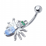 Пирсинг в пупок паук из серебра с зелеными и голубыми фианитами